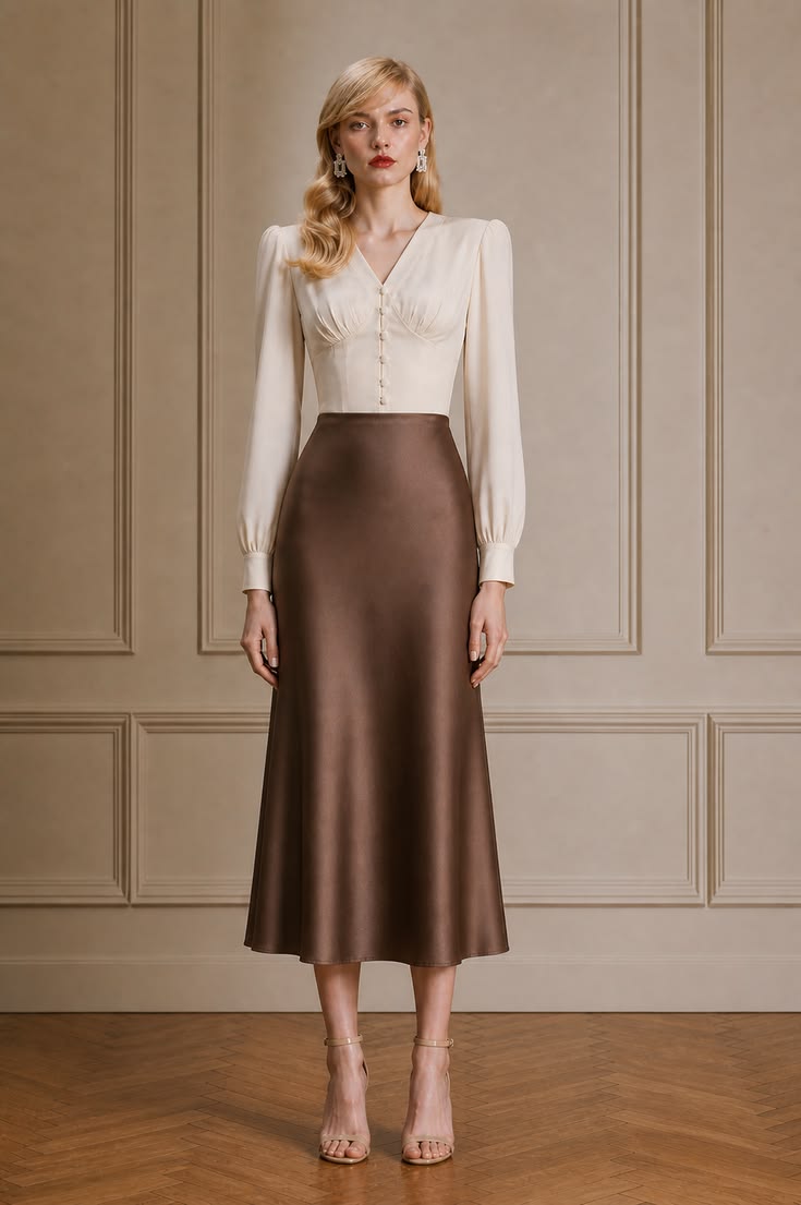 Ivory fitted blouse paired with a chocolate brown satin midi skirt and neutral ankle-strap sandals.