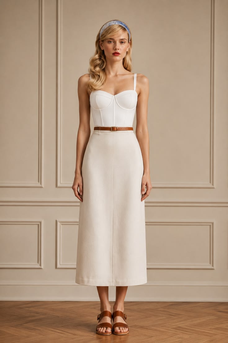 Structured white camisole with an ivory midi skirt, slim tan belt, brown sandals, and blue printed headband.