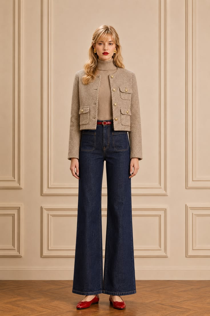 Taupe cropped tweed jacket layered over a matching turtleneck with dark wide-leg jeans and red ballet flats.