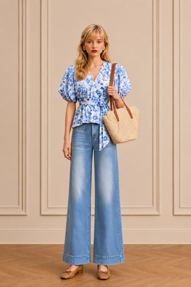 Blue floral wrap blouse with light-wash wide-leg jeans, a woven tote, and tan ballet flats.