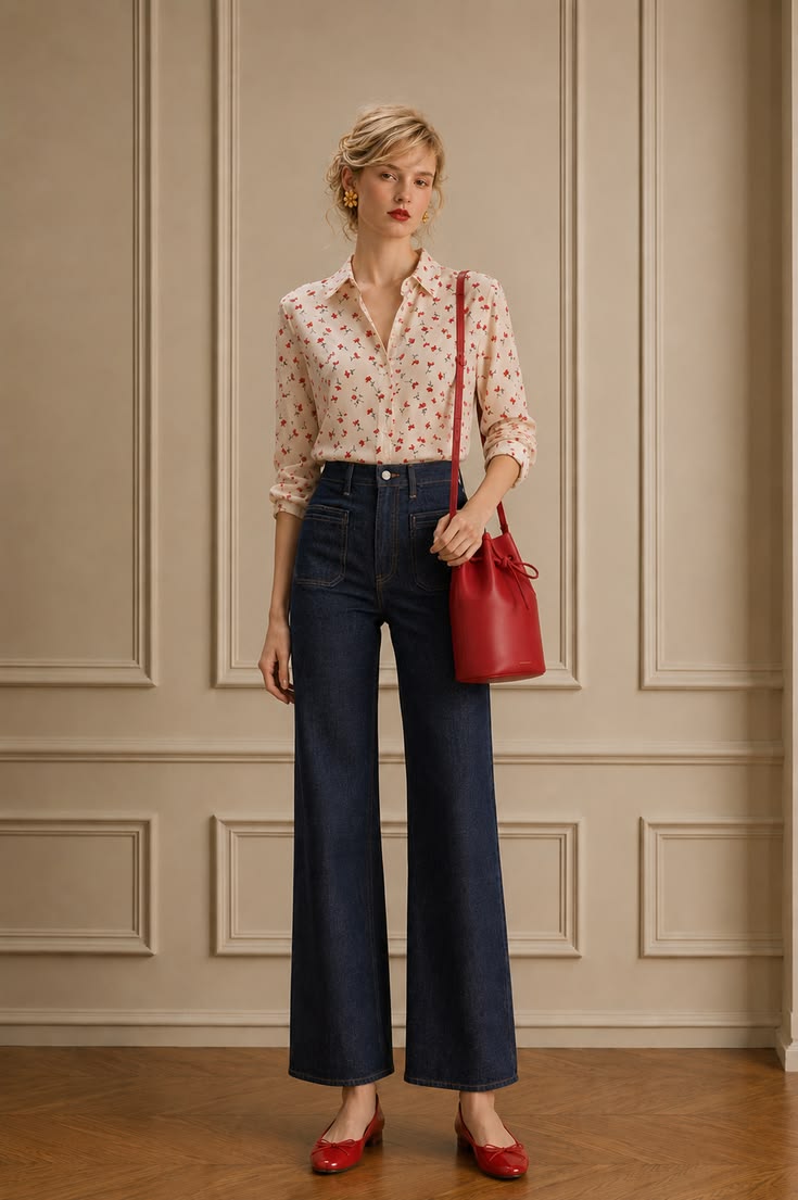 Ivory floral shirt with dark wide-leg jeans, a red leather bucket bag, and red low-heeled shoes.