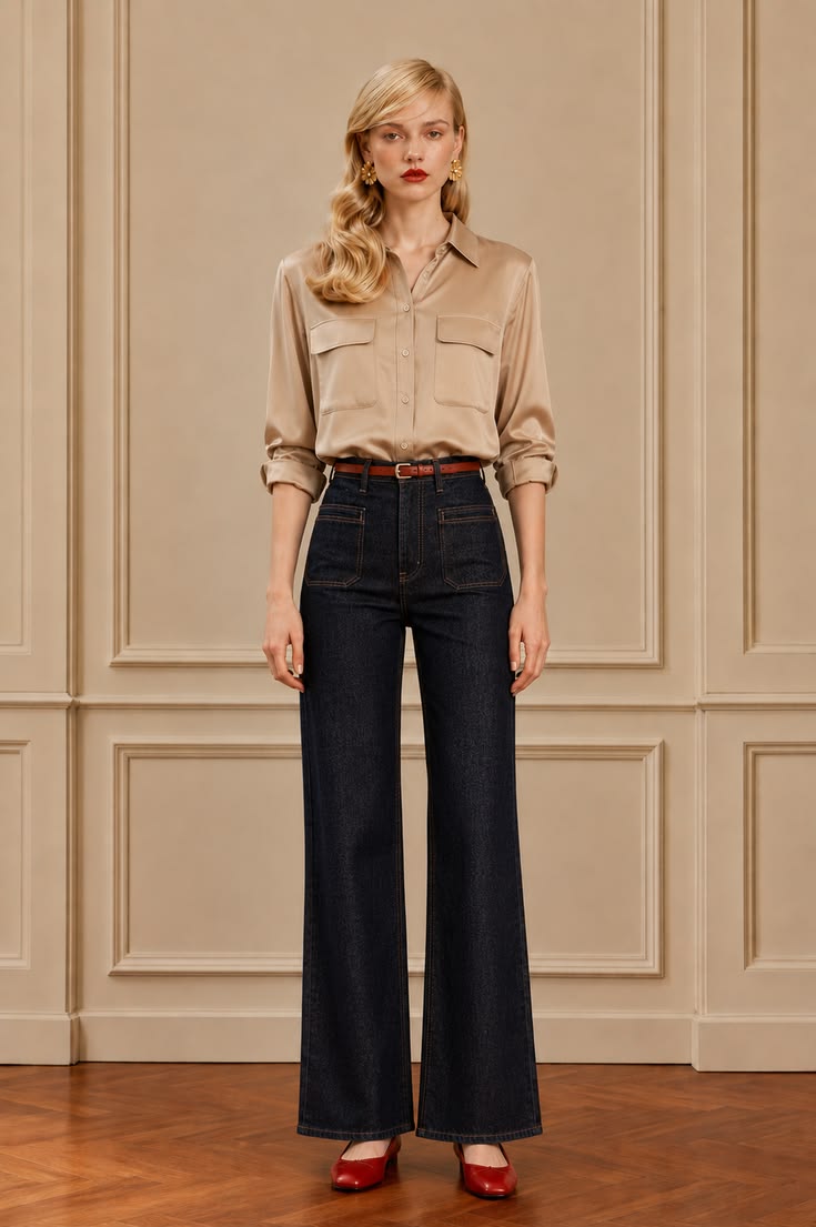 Champagne satin utility shirt tucked into dark wide-leg jeans with a slim brown belt and red shoes.