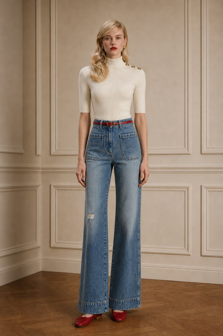 Ivory short-sleeve mock-neck knit with gold shoulder buttons, light-wash wide-leg jeans, a red belt, and red flats.