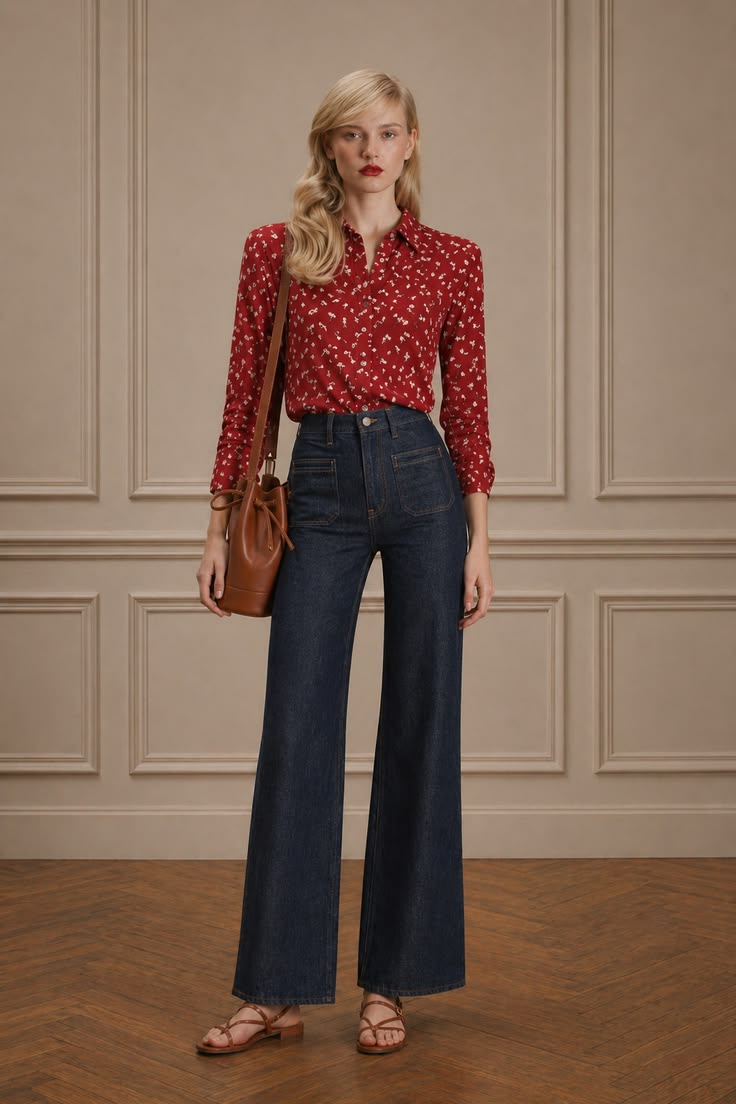 Red floral blouse styled with dark wide-leg jeans, a brown leather bucket bag, and flat sandals for an elegant weekend outfit.