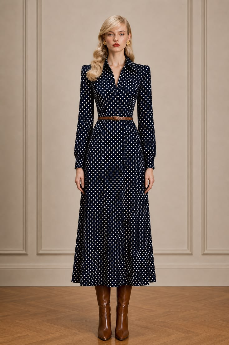 Polished everyday outfit with a navy polka-dot midi dress, slim brown leather belt, gold earrings, and brown knee-high boots.
