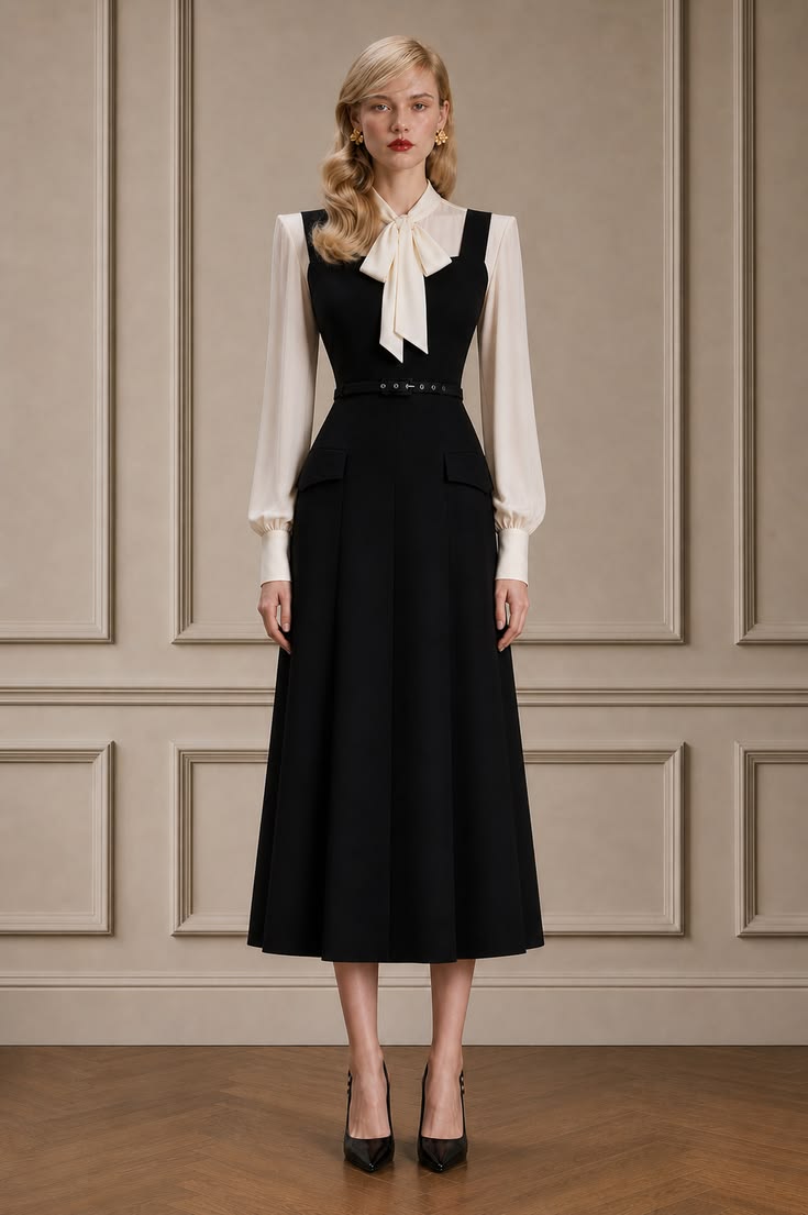 Elegant black pinafore midi dress layered over an ivory tie-neck blouse with a slim belt and black pointed pumps.