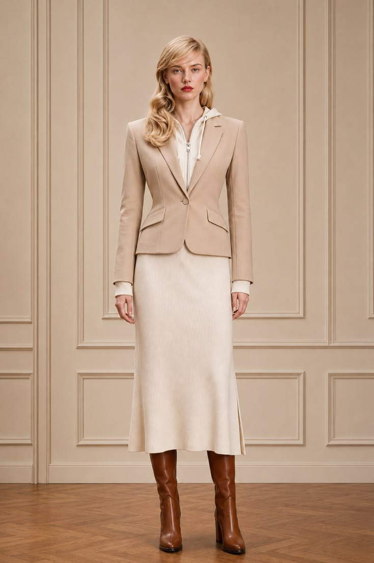 Smart casual neutral outfit with a beige blazer, ivory zip-front hoodie, ribbed knit midi skirt, and brown knee-high boots.