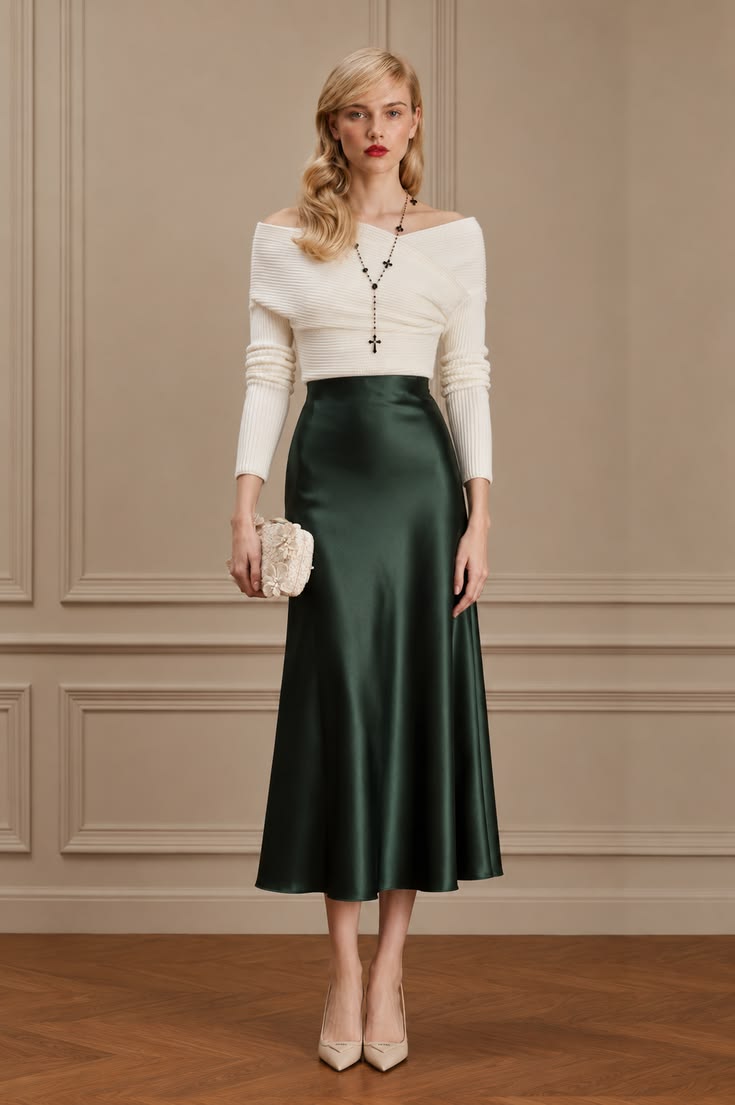 Elegant outfit with an ivory off-shoulder knit top, forest-green satin midi skirt, pendant necklace, cream clutch, and neutral pumps.