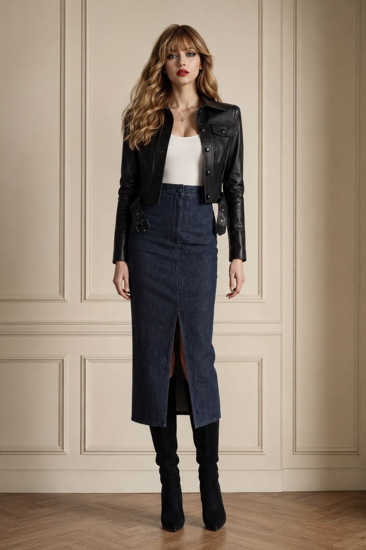 Modern everyday outfit with a black cropped leather jacket, ivory fitted top, dark denim midi skirt, and black knee-high boots.