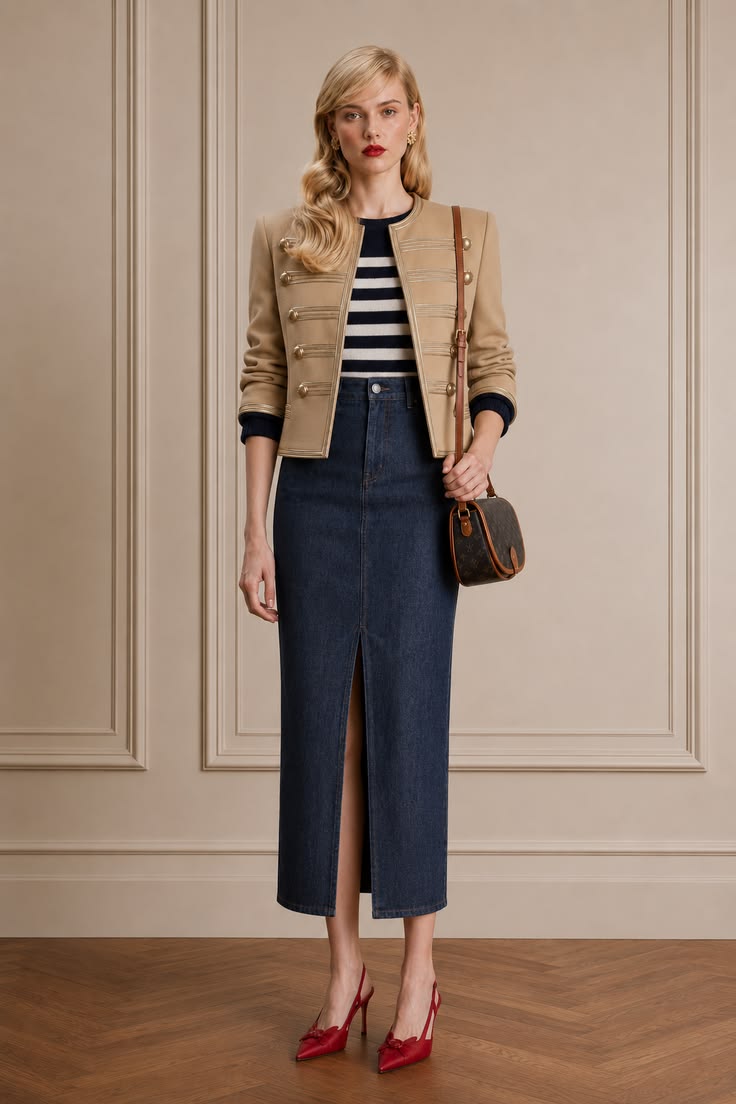 Parisian-inspired everyday outfit with a camel military jacket, navy striped knit, dark denim midi skirt, brown crossbody bag, and red slingback heels.