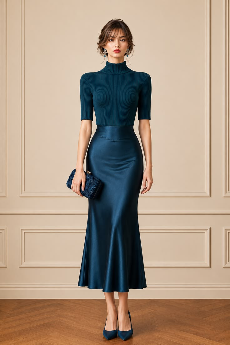 Monochrome teal outfit with a short-sleeve ribbed turtleneck, satin midi skirt, matching clutch, pointed pumps, and statement earrings.