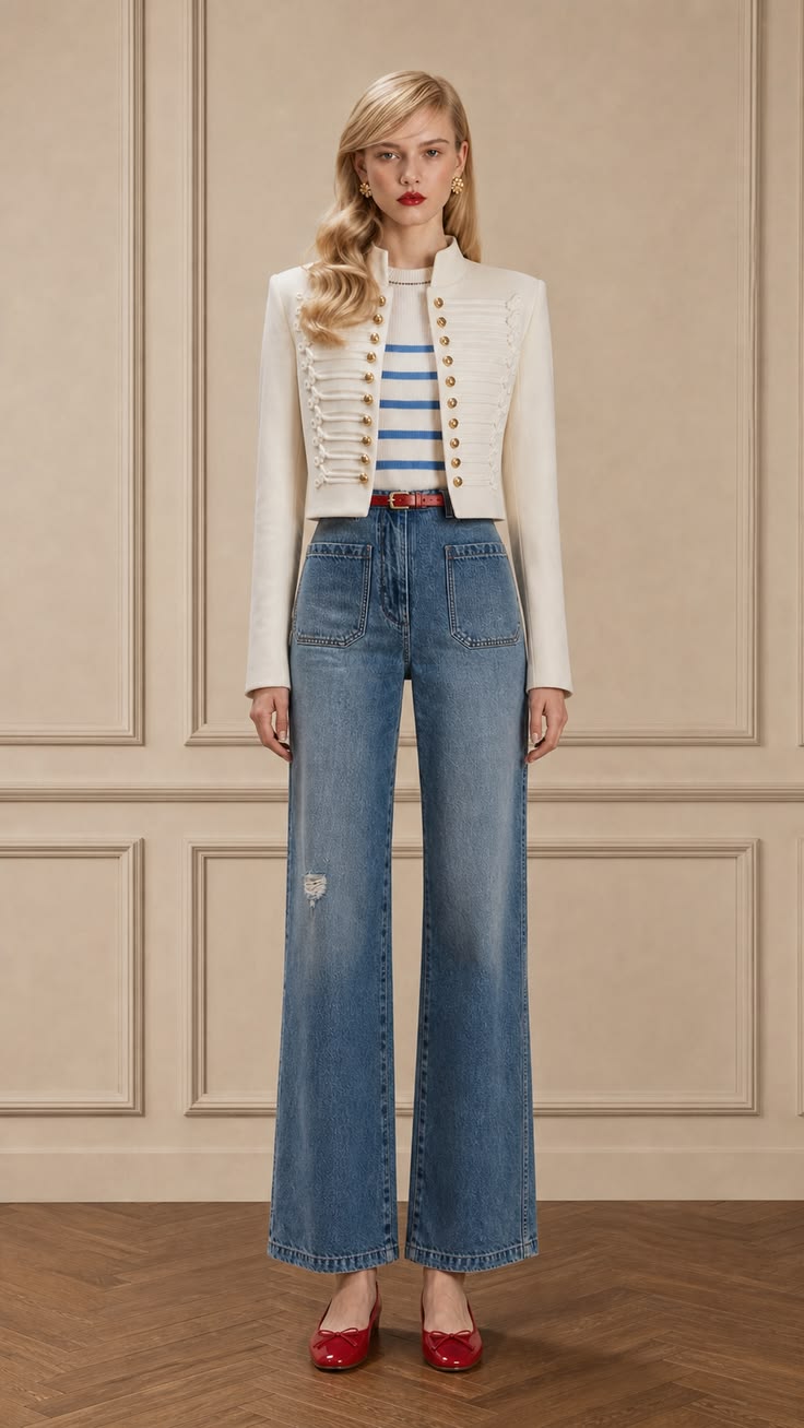 Polished casual outfit with a white gold-button jacket, blue striped top, high-waisted wide-leg jeans, red belt, and red ballet flats.