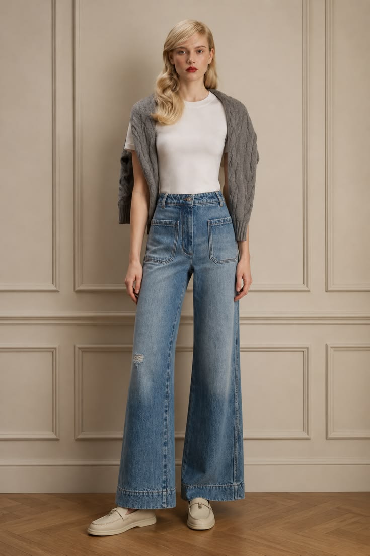 Relaxed polished outfit with a fitted white T-shirt, light-wash wide-leg jeans, grey cable-knit sweater draped over the shoulders, and cream loafers.