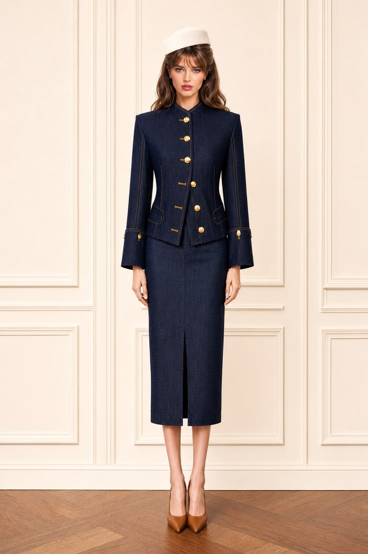 Refined navy skirt set with a fitted gold-button jacket, straight midi skirt, ivory hat, and warm tan pointed pumps.