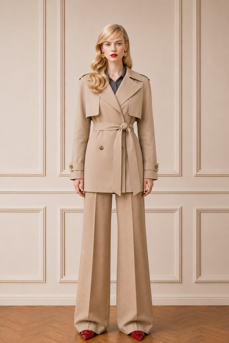 Tonal camel outfit with a belted short trench coat, wide-leg trousers, charcoal collared top, gold earrings, and red pointed shoes.