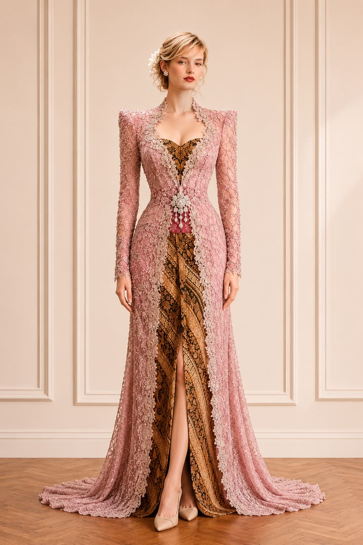 Modern dusty-pink lace kebaya paired with warm brown diagonal batik and nude pointed heels.