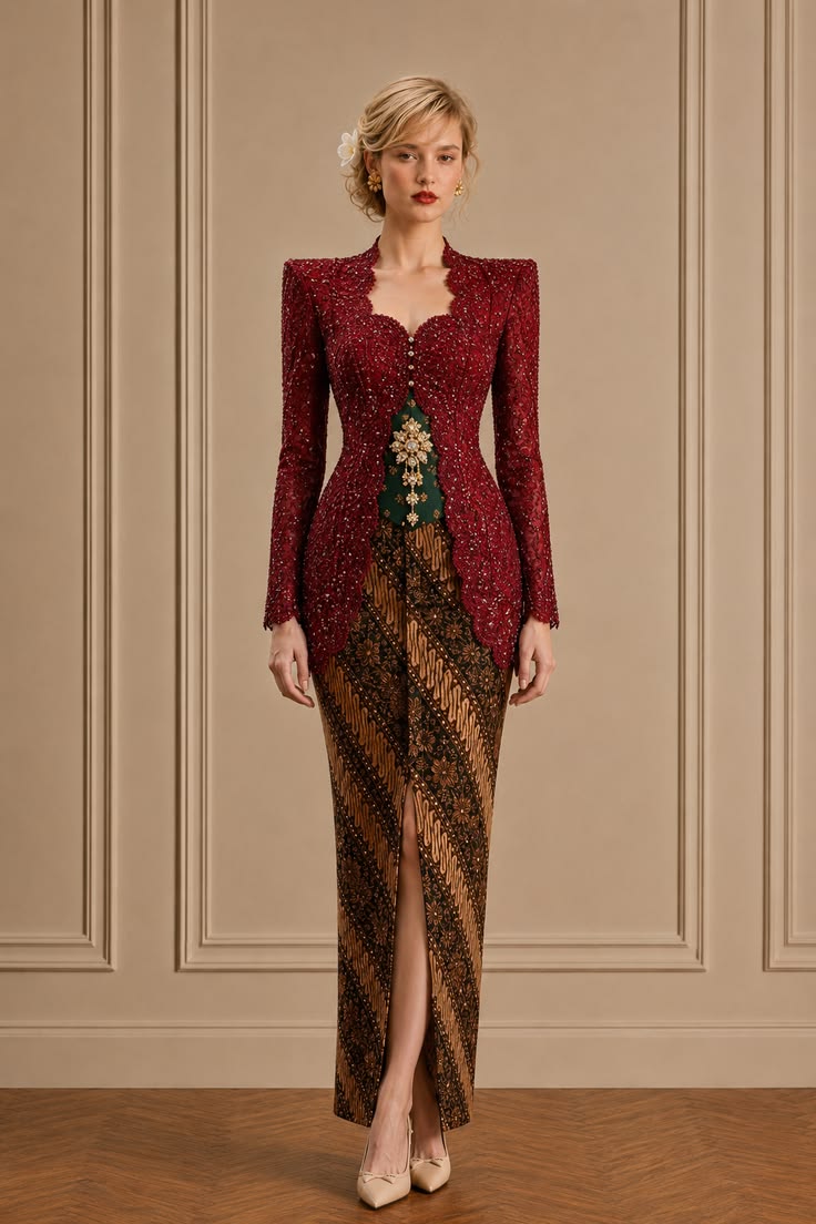 Burgundy beaded kebaya with a deep green inner panel, warm brown batik, and a jeweled central brooch.