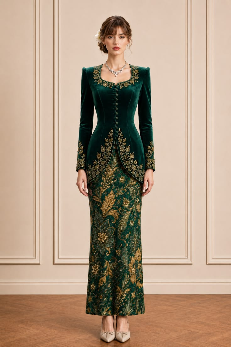 Emerald velvet modern kebaya with gold embroidery paired with green-and-gold floral batik.