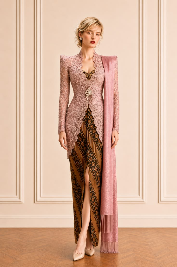 Dusty-rose lace kebaya with warm brown batik and a solid rose selendang draped over one shoulder.