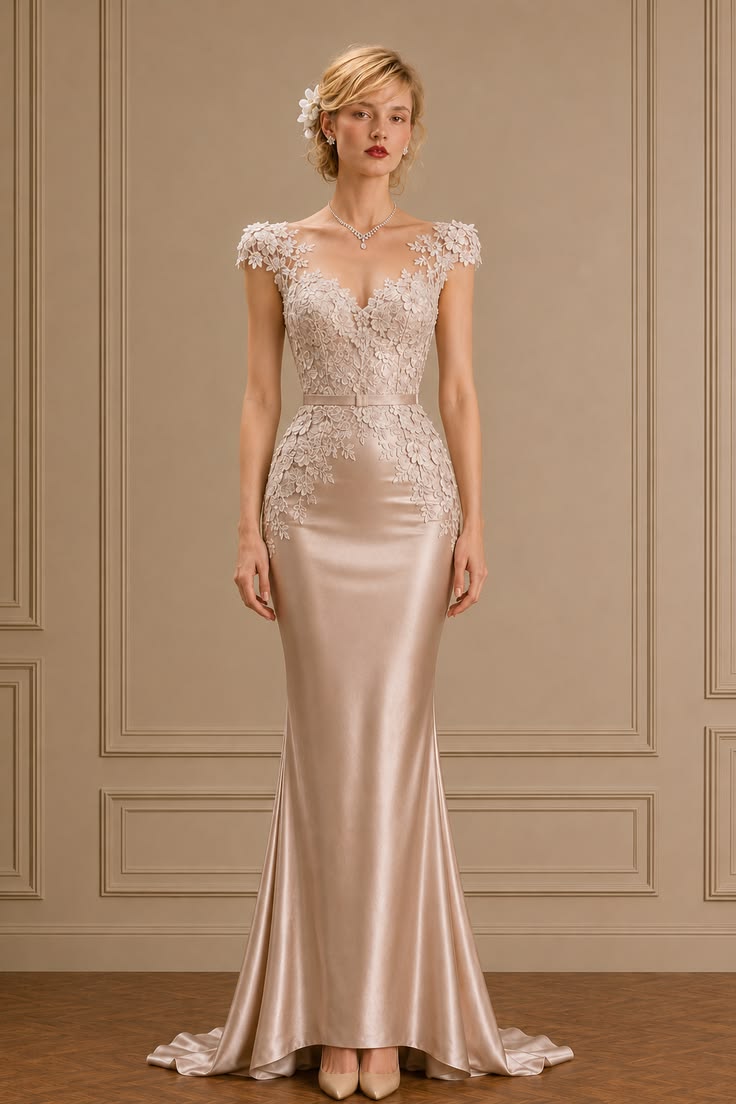 Champagne lace kebaya gown with floral appliqué and a plain satin mermaid skirt.