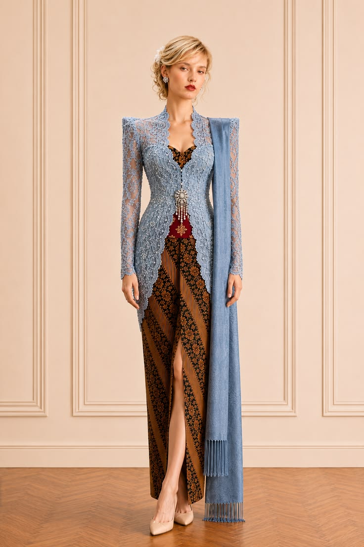 Powder-blue lace kebaya with a matching selendang paired with brown batik in a medium-scale diagonal motif.
