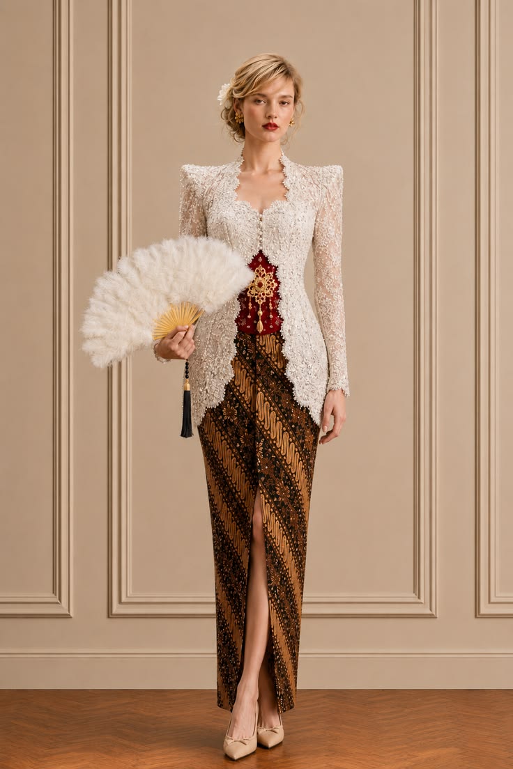Pearl-white embroidered kebaya paired with warm brown batik and an ornate gold brooch.