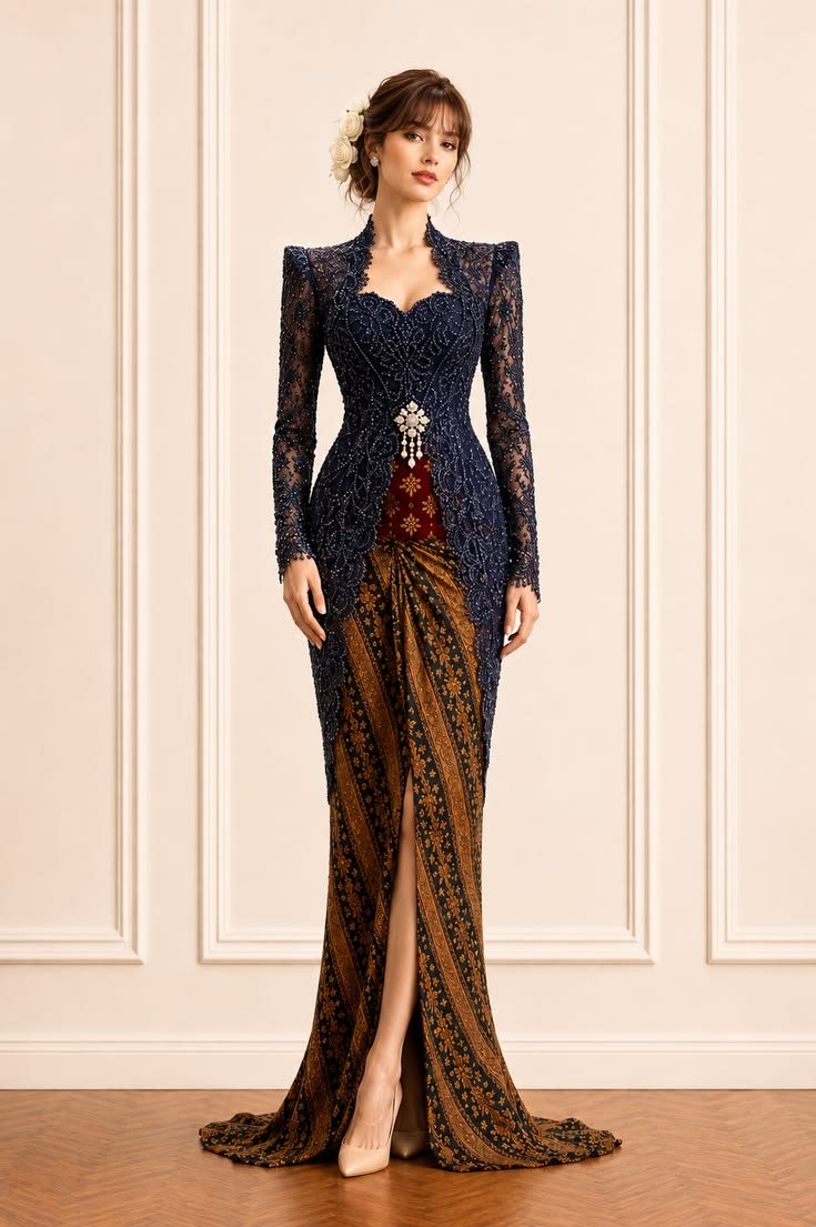 Navy beaded lace kebaya paired with brown sogan batik and a central brooch.