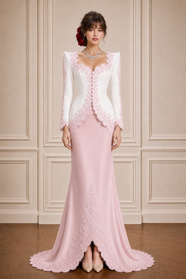 Modern white kebaya with pale pink embroidery styled over a blush pink formal skirt for a wedding.