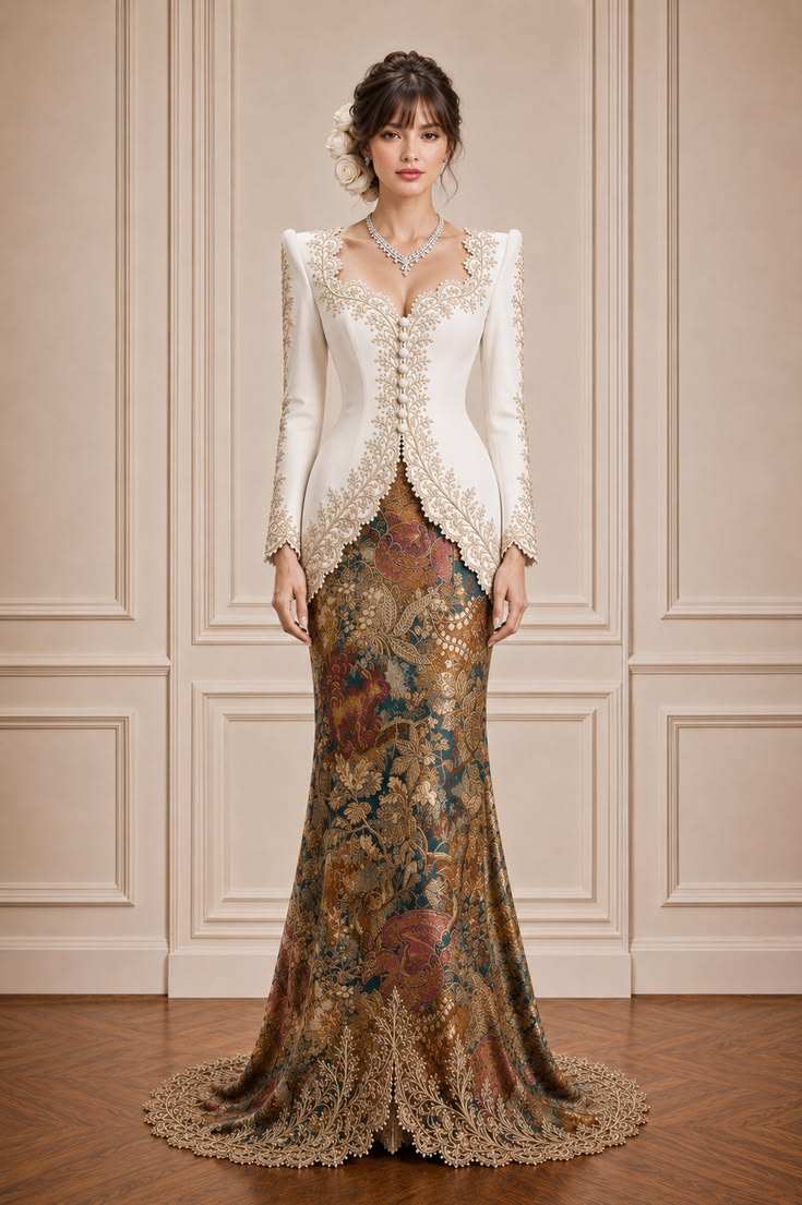 Ivory embroidered modern kebaya paired with a formal brown, green, burgundy, and gold batik skirt.