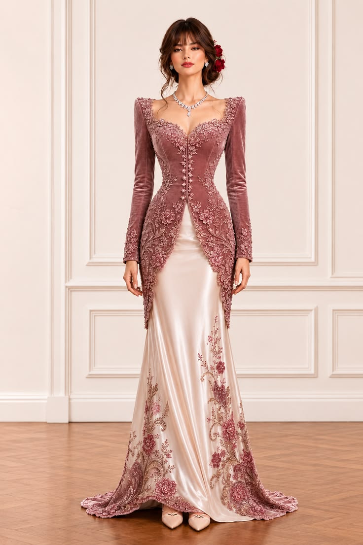Dusty rose velvet kebaya with floral embroidery styled over a champagne satin formal skirt.