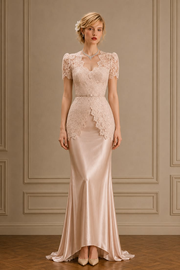 Blush short-sleeve lace kebaya with a narrow belt and pale pink satin skirt for a daytime wedding.