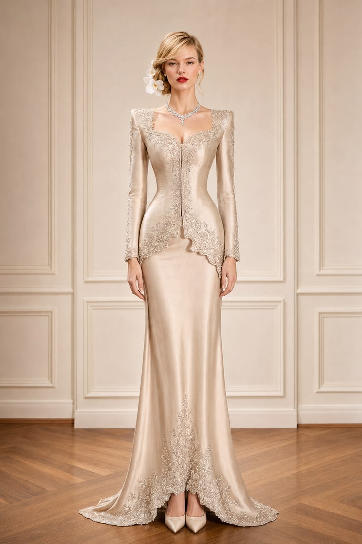 Champagne satin modern kebaya with tonal silver embroidery and a matching formal skirt.