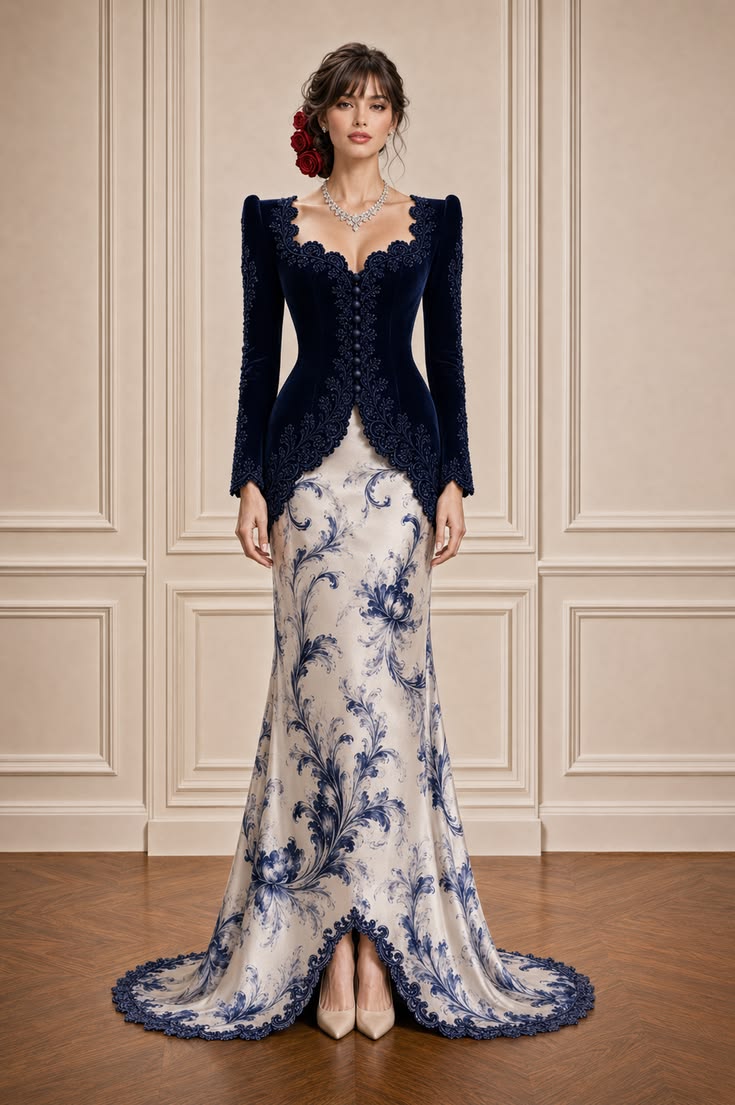 Navy velvet embroidered modern kebaya styled with an ivory skirt featuring blue botanical motifs.