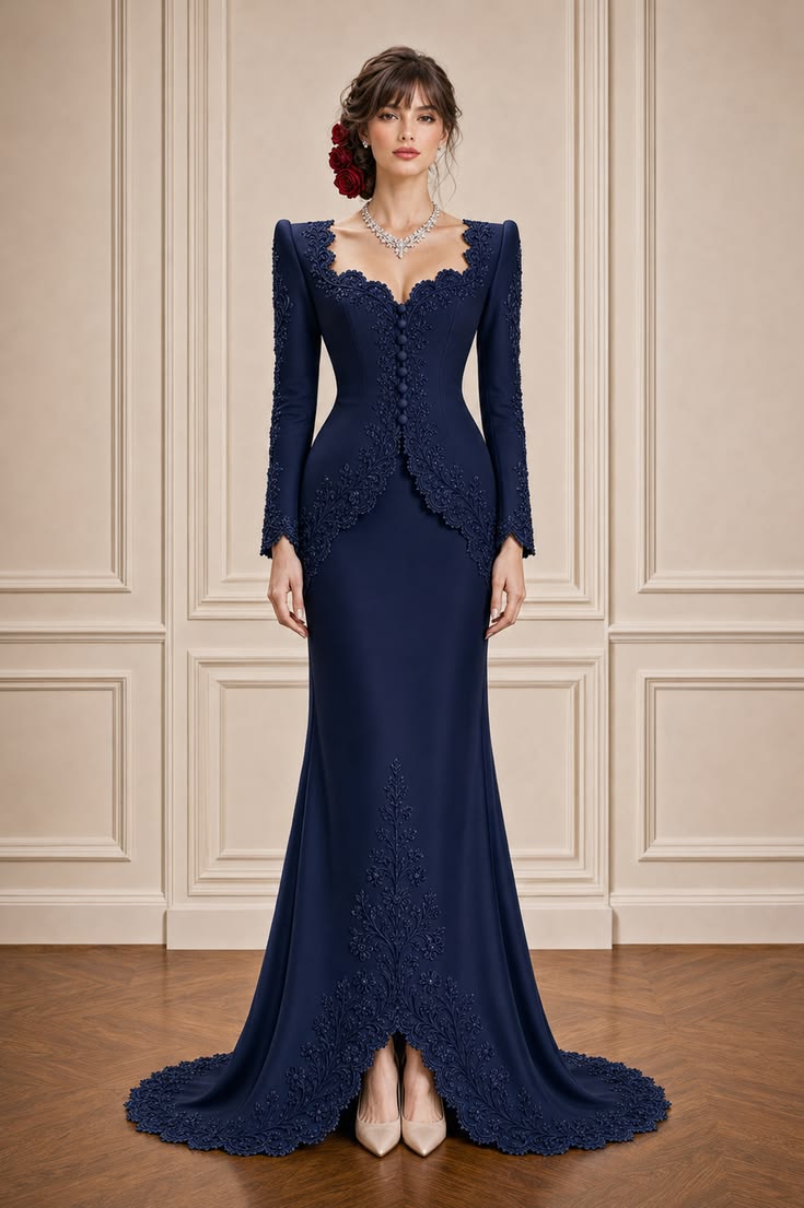 Monochrome navy modern kebaya with tonal embroidery and a matching floor-length skirt for an evening event.