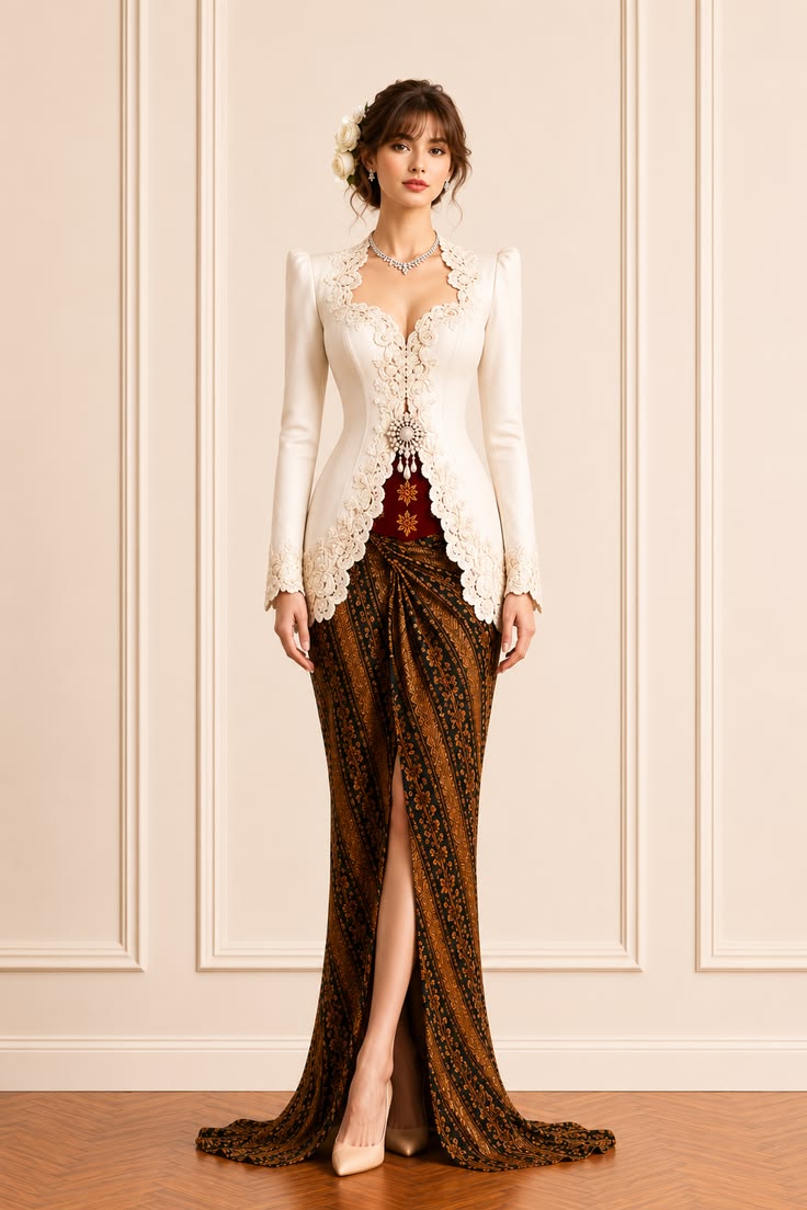 White modern kebaya with scalloped embroidery, a deep red inner panel, and a draped brown batik skirt.
