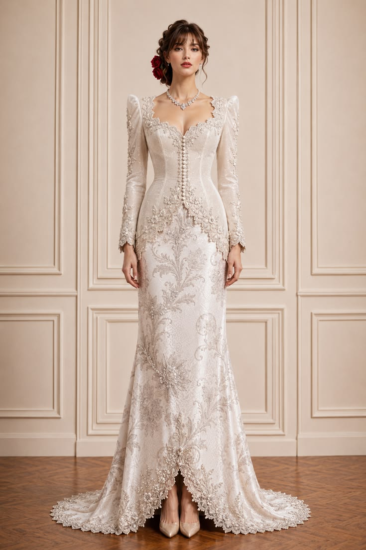 All-white modern kebaya with pearl buttons, floral embroidery, and a matching formal skirt.