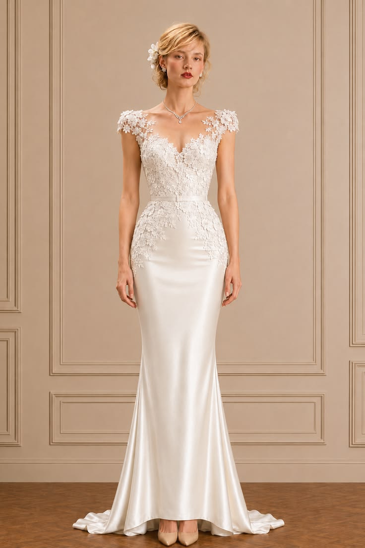 White lace cap-sleeve kebaya-inspired bodice styled with a clean ivory satin mermaid skirt.