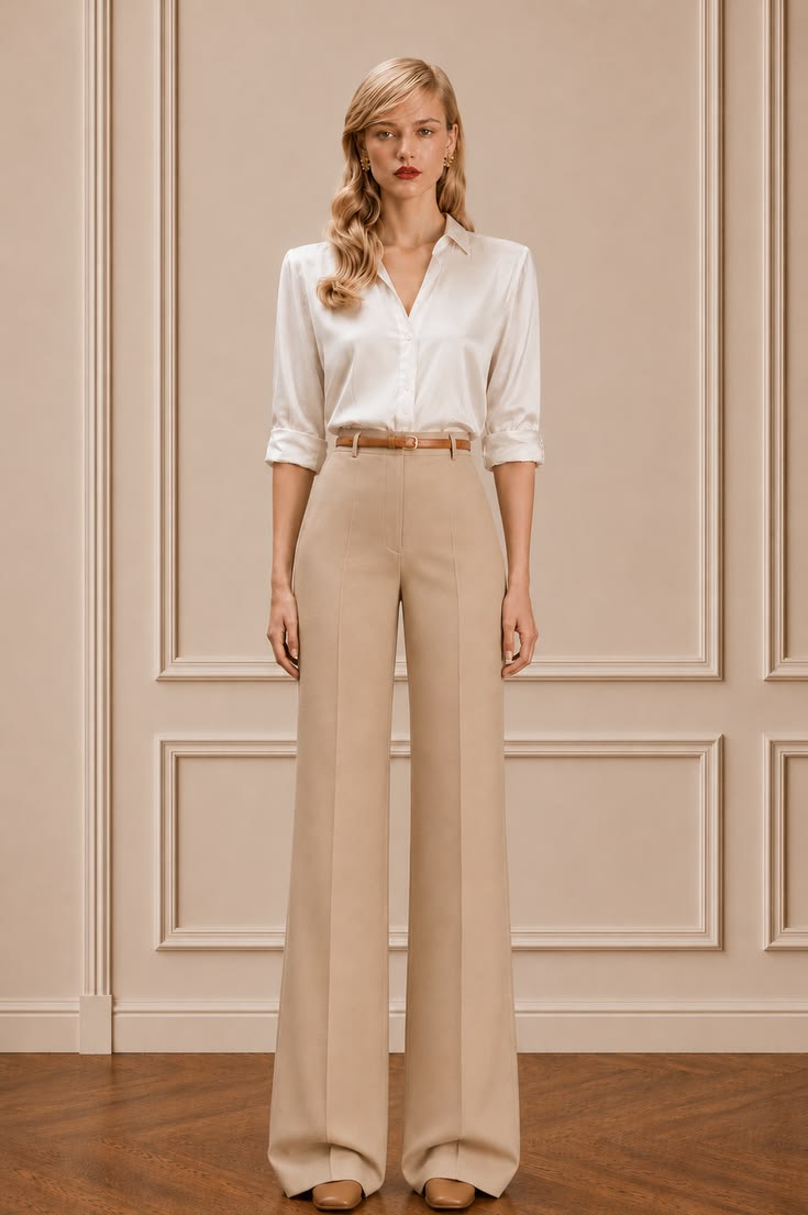 Minimalist outfit with a white button-down shirt, beige wide-leg trousers, a slim tan belt, and brown shoes.