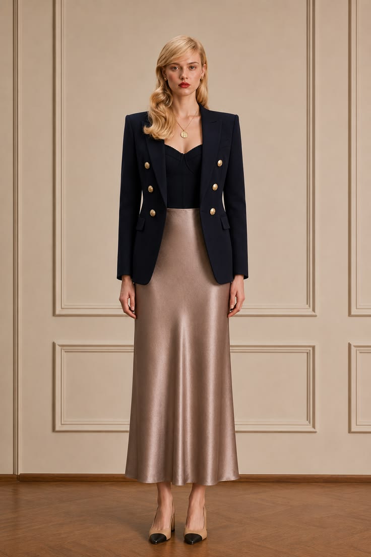 Elegant minimalist outfit with a navy double-breasted blazer, black fitted top, champagne satin maxi skirt, and cap-toe heels.