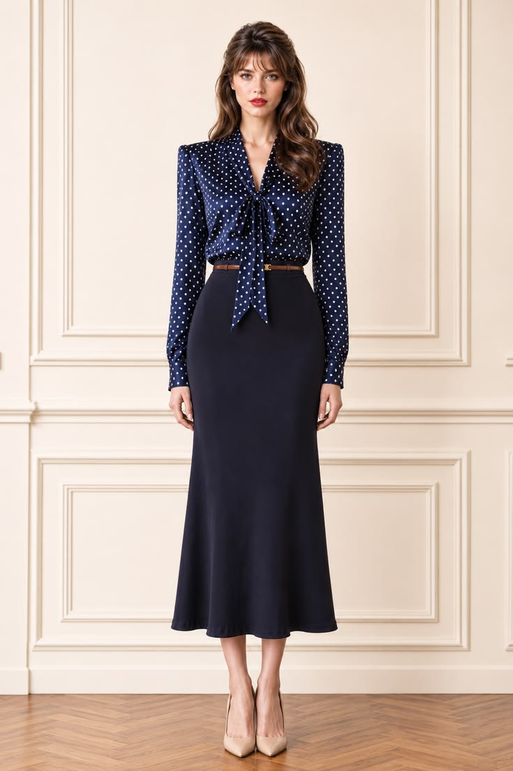 Feminine minimalist outfit with a navy polka-dot bow blouse, long navy midi skirt, slim brown belt, and nude pointed pumps.