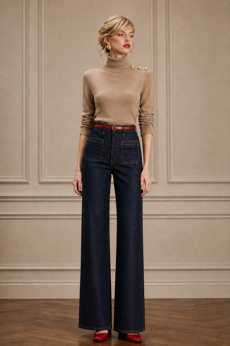Minimalist autumn outfit with a camel turtleneck, dark wide-leg jeans, a slim red belt, and red shoes.