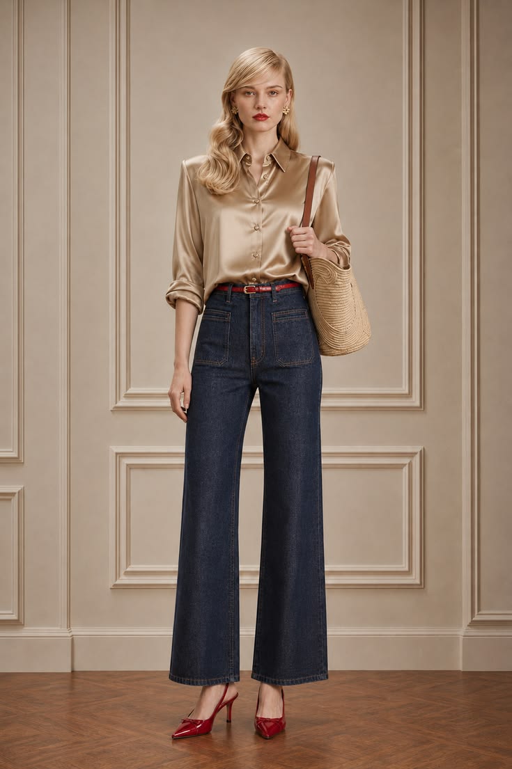 Elevated minimalist outfit with a champagne satin shirt, dark wide-leg jeans, slim red belt, red pointed heels, and woven shoulder bag.