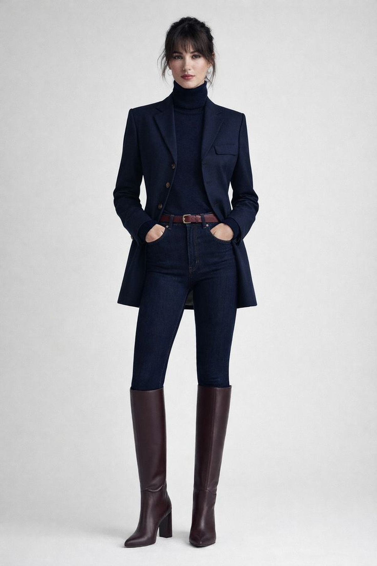 Long navy blazer and dark denim styled with a navy turtleneck and tall brown boots.