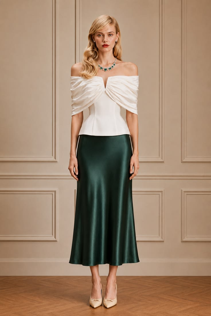 Elegant outfit with an ivory ruched off-shoulder top, deep emerald satin midi skirt, jeweled necklace, and neutral pointed pumps.