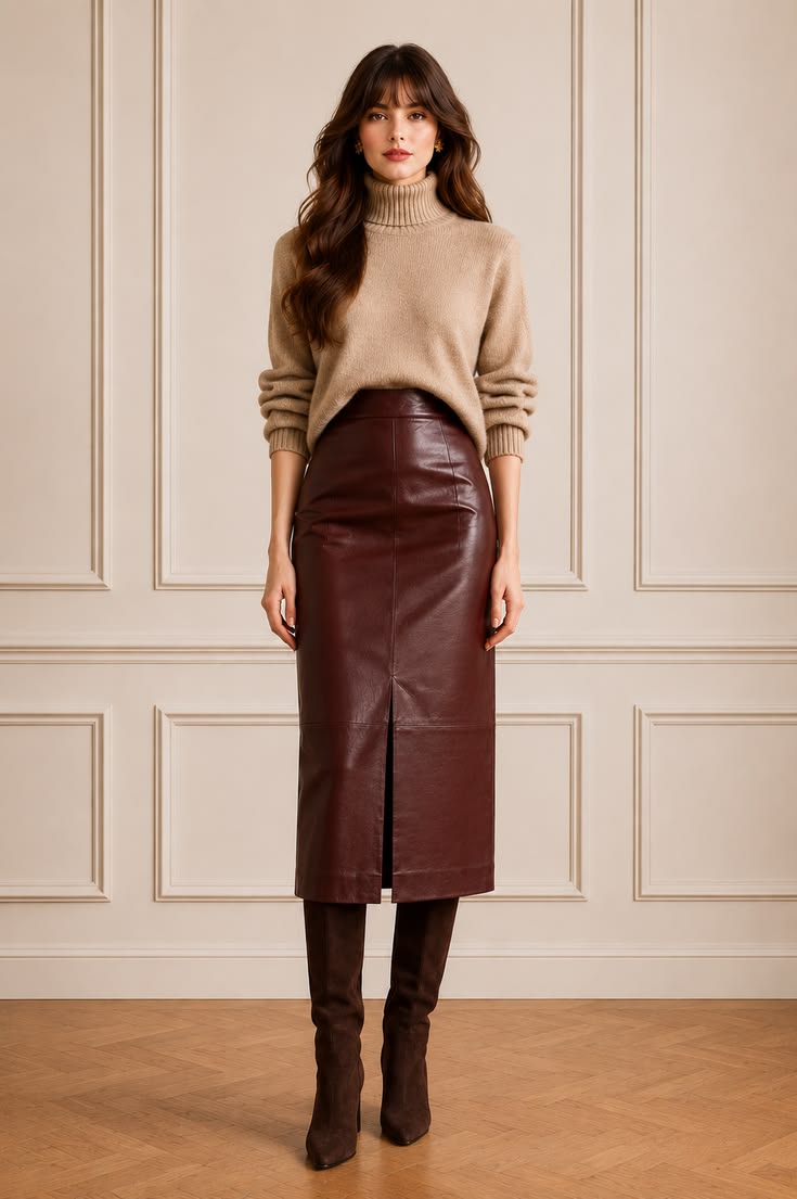 Textured neutral outfit with a camel turtleneck sweater, burgundy leather pencil skirt, and chocolate suede knee-high boots.