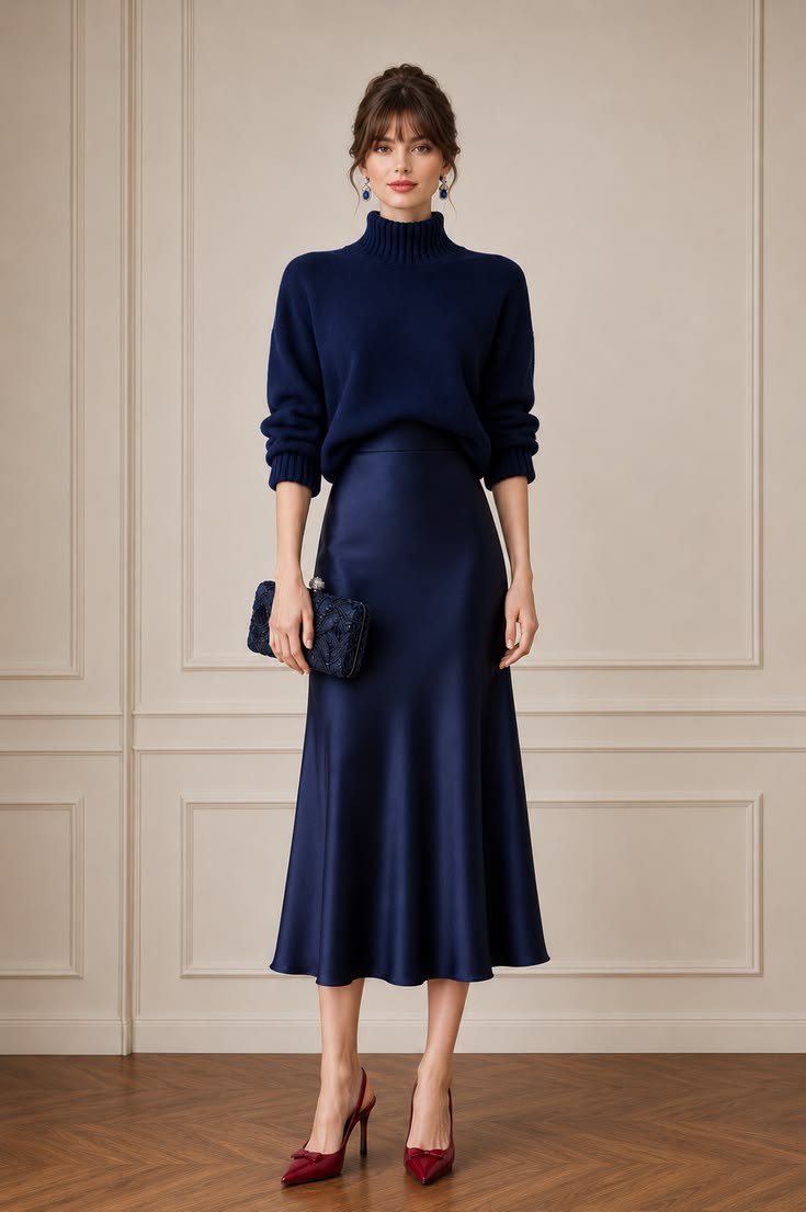 Monochrome navy outfit with a soft turtleneck sweater, satin midi skirt, embroidered clutch, and burgundy pointed heels.