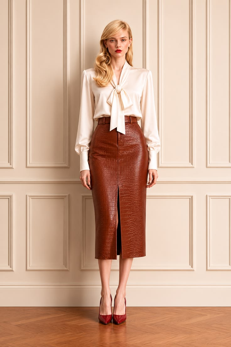 Polished outfit with an ivory satin tie-neck blouse, cognac crocodile-embossed leather midi skirt, and red pointed heels.