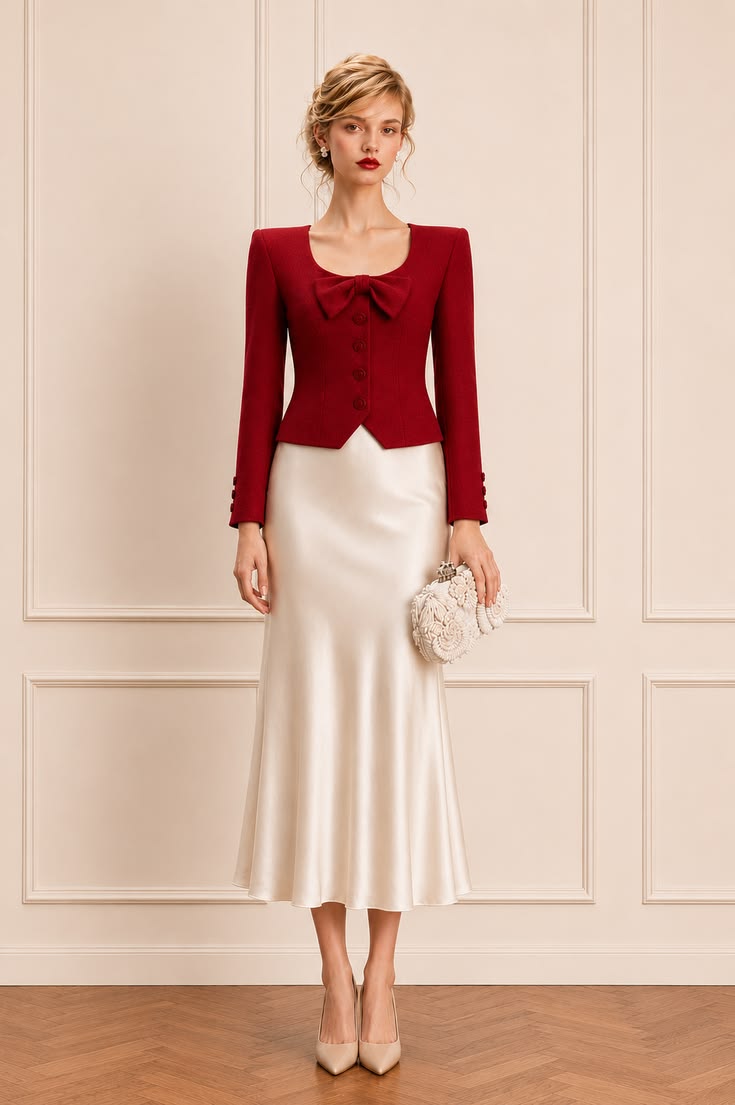 Formal outfit with a structured red cropped jacket, ivory satin midi skirt, beaded clutch, and neutral pointed pumps.