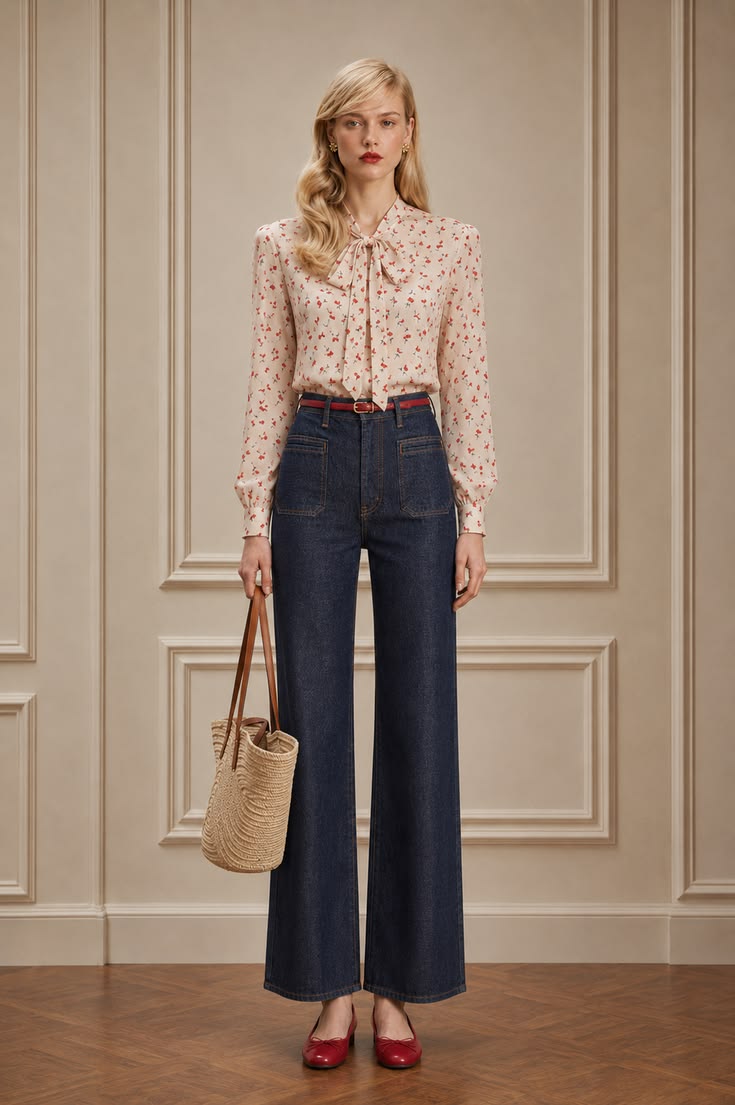Neutral casual outfit with an ivory floral tie-neck blouse, dark wide-leg jeans, woven straw tote, slim leather belt, and red flats.
