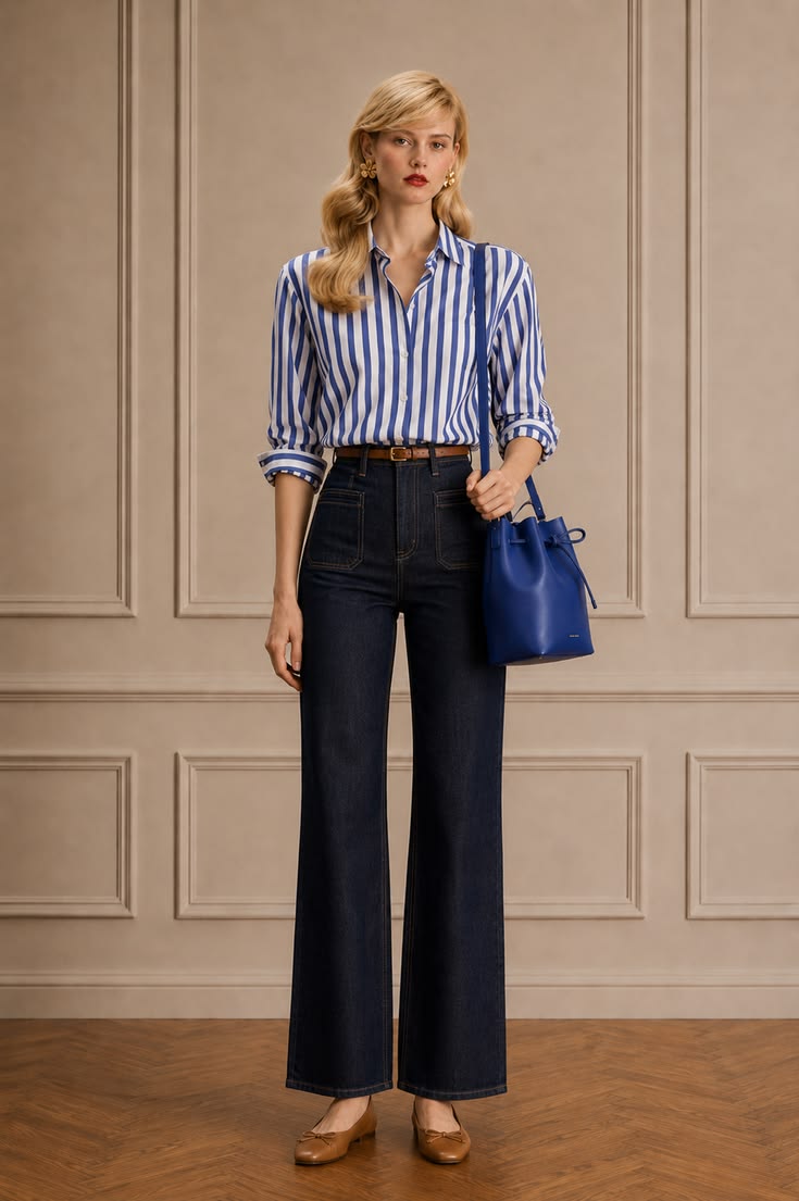 Classic outfit with a blue-and-white striped cotton shirt, dark wide-leg jeans, cobalt leather bucket bag, tan belt, and brown flats.